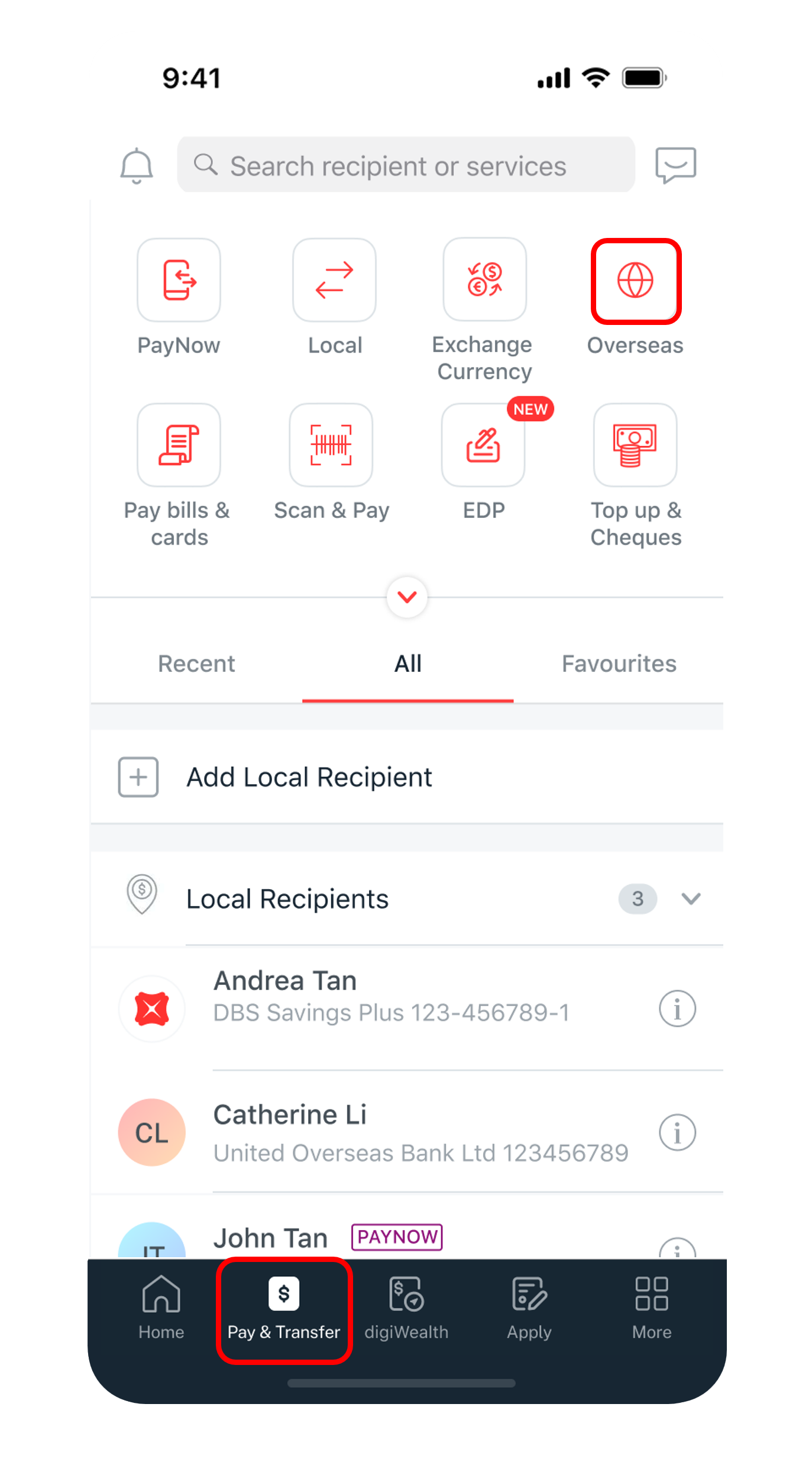 pay and transfer dashboard