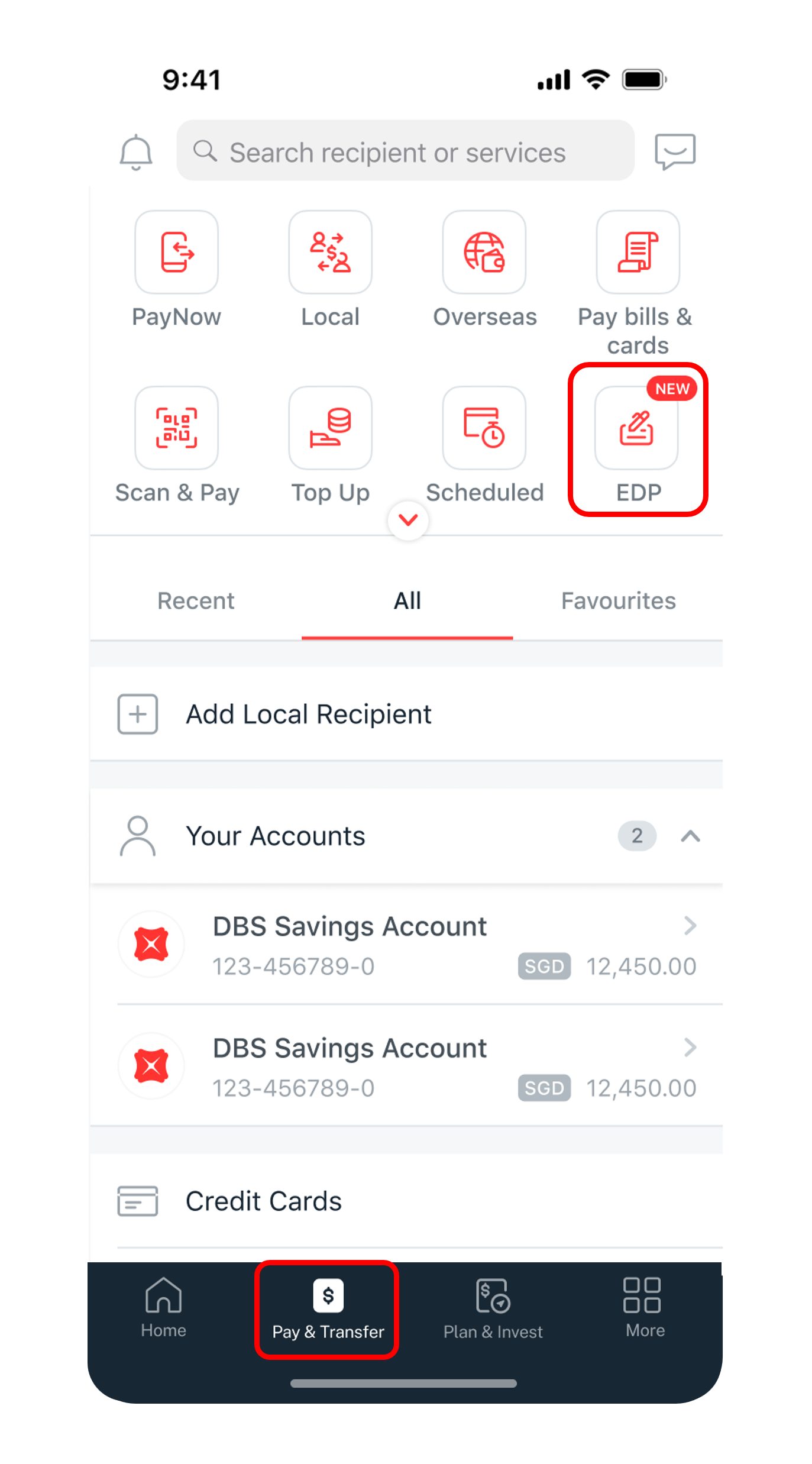 pay & transfer dashboard