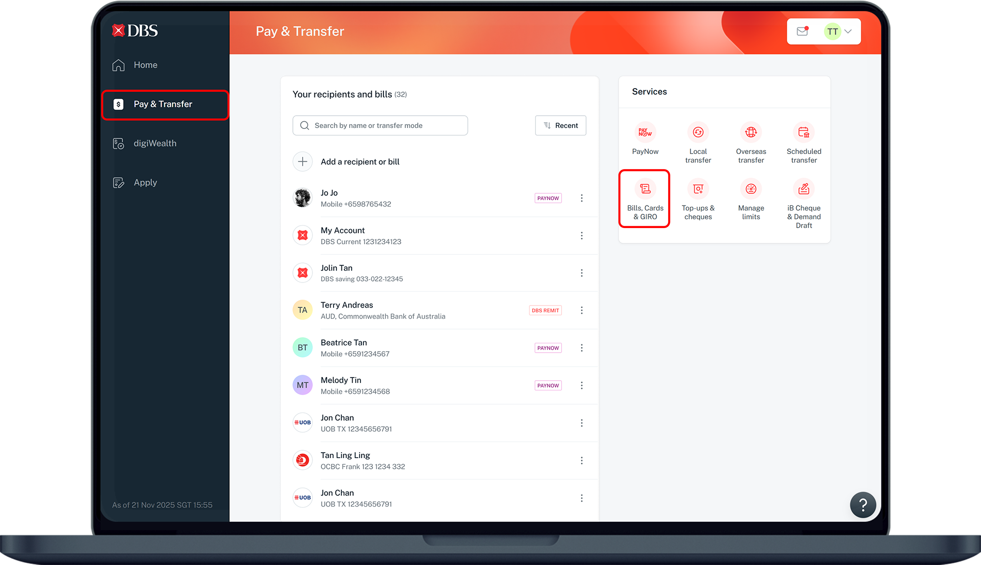 pay and transfer dashboard