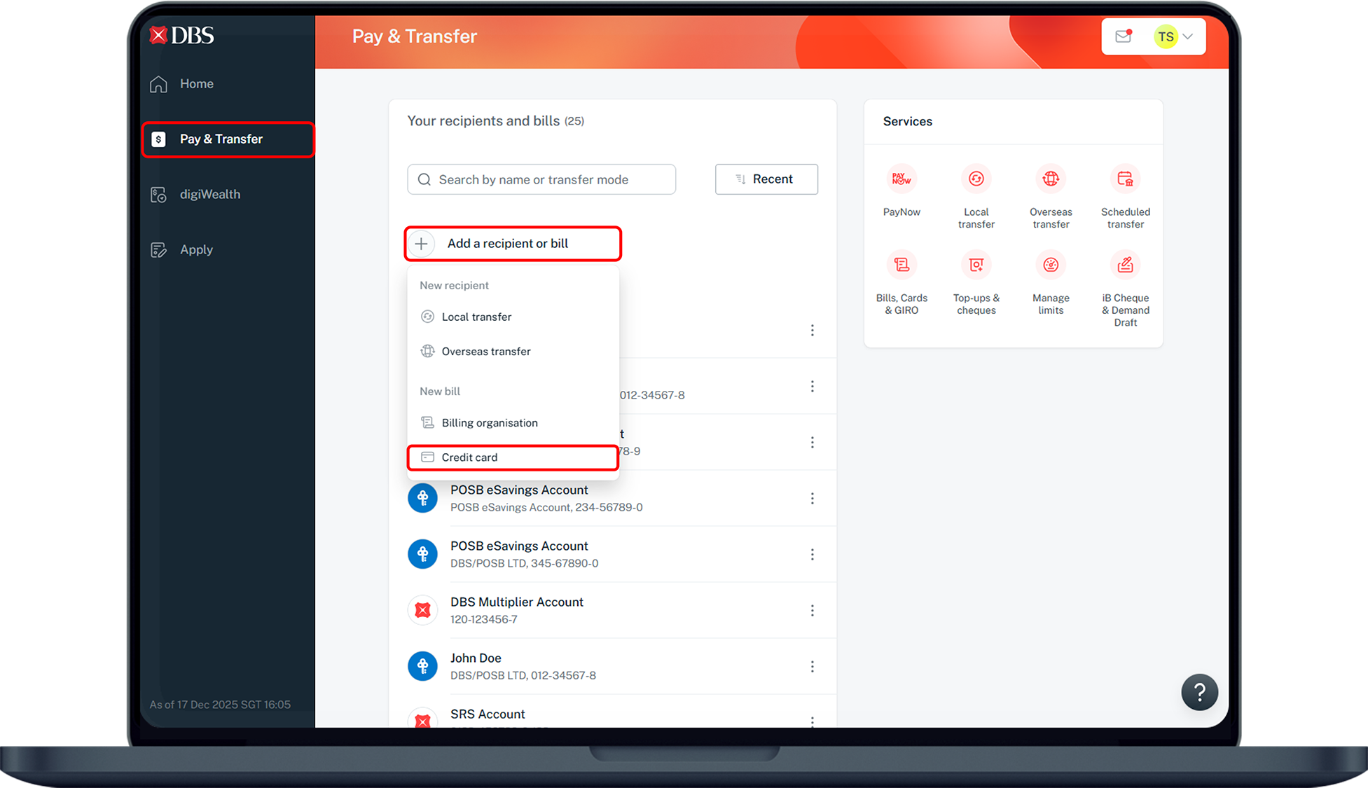 pay & transfer tab